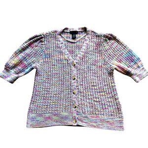 Puff Sleeve Rainbow Knit Button-Up Cardigan Sweater Womens 1X